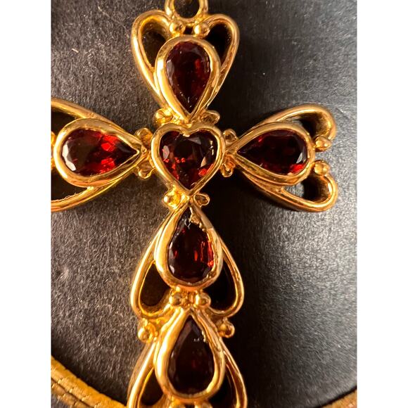 Vintage SETA Garnet Cross Pendant Necklace Gold Tone 24” - Picture 9 of 13